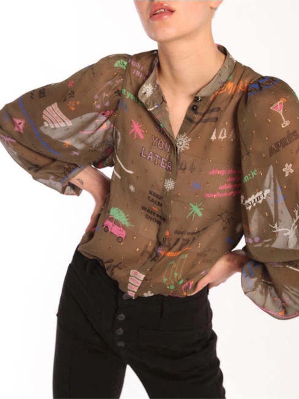 Vilagallo Olive Print Balloon-Sleeve Blouse